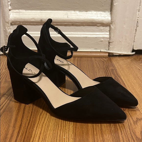 Aldo Black Suede Ankle Strap Heels - Picture 1 of 9